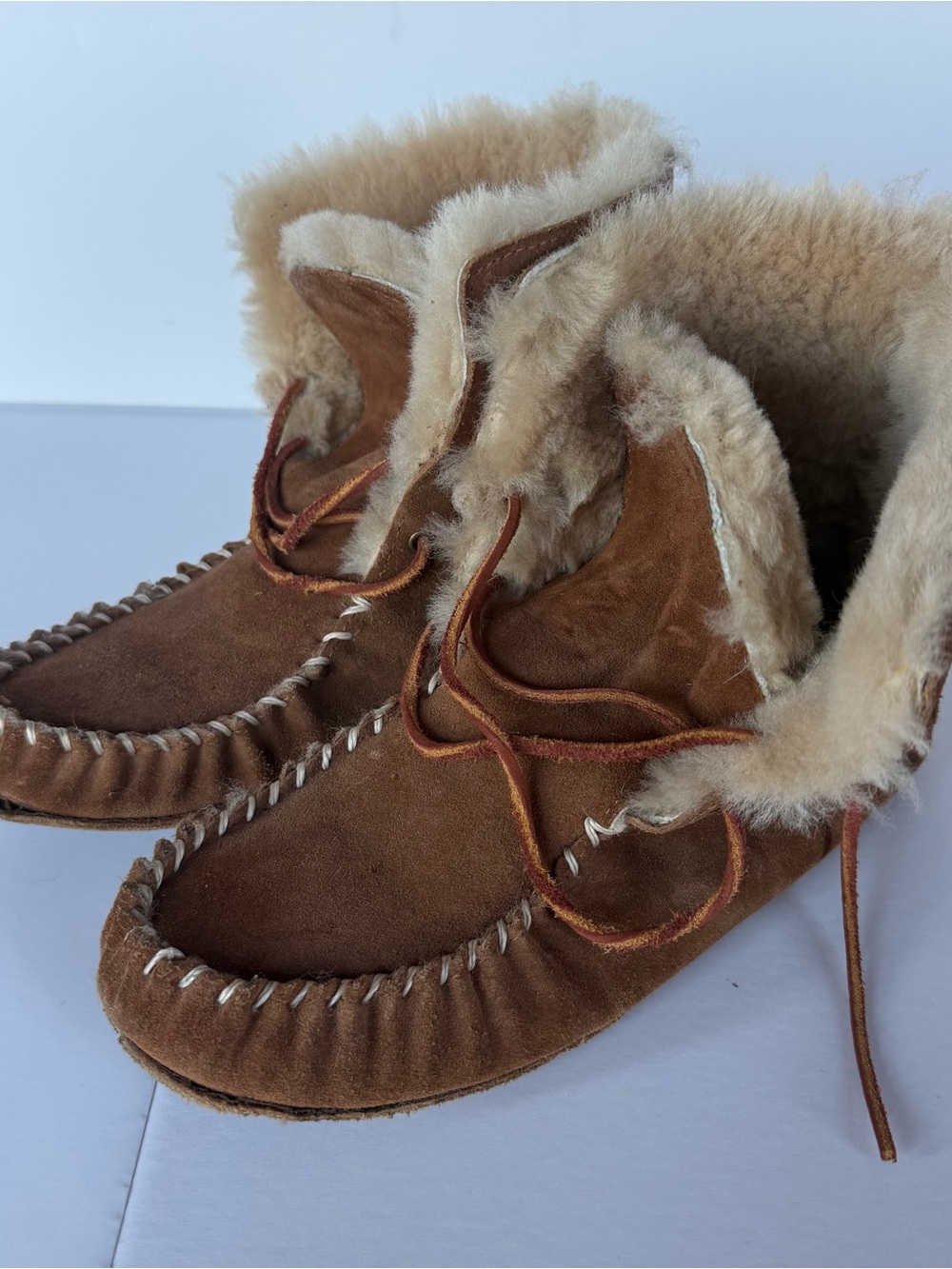 Acorn Brown Suede Shearling-Lined Moccasin Slippers